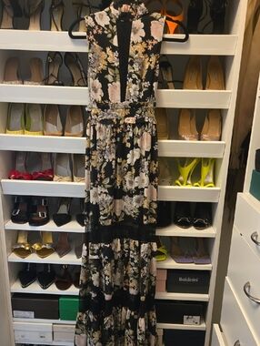 The Vintage Shop Black Floral Maxi Dress with Blush and Sage Accents